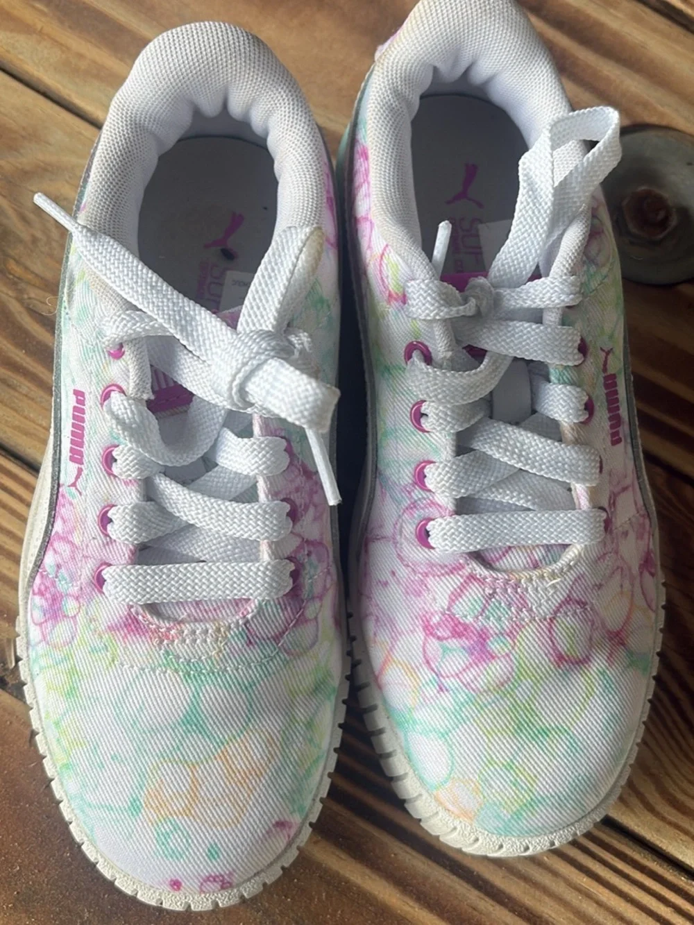 Little Girl Puma White Sneakers with Pink and Mint Floral Accents, Size 1.5C